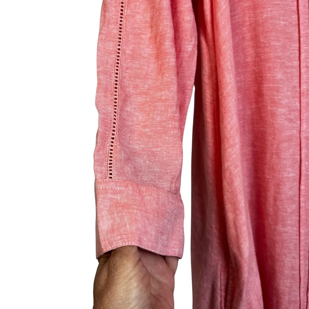 Calypso St Barth Coral Linen Blend Pintuck Midi Shirt Dress M Coastal Lagenlook - Picture 4 of 11
